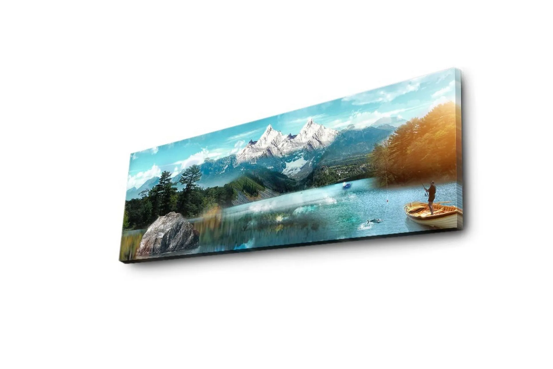 Lerretsbilder|Lerretsbilder-Lerretsbilde med LED-belysning 30x90 cm - Storslått fjellandskap med en fisker i en båt på en speilblank innsjø Flerfärgad