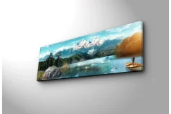 Lerretsbilder|Lerretsbilder-Lerretsbilde med LED-belysning 30x90 cm - Storslått fjellandskap med en fisker i en båt på en speilblank innsjø Flerfärgad
