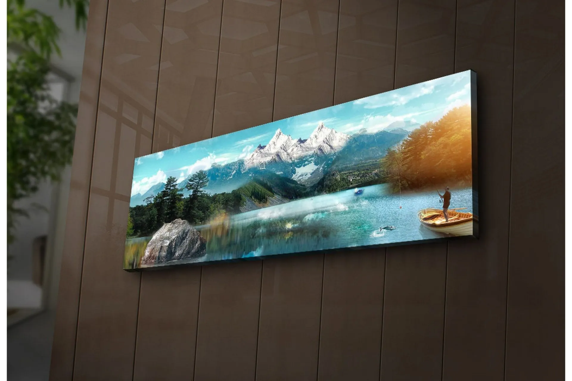 Lerretsbilder|Lerretsbilder-Lerretsbilde med LED-belysning 30x90 cm - Storslått fjellandskap med en fisker i en båt på en speilblank innsjø Flerfärgad