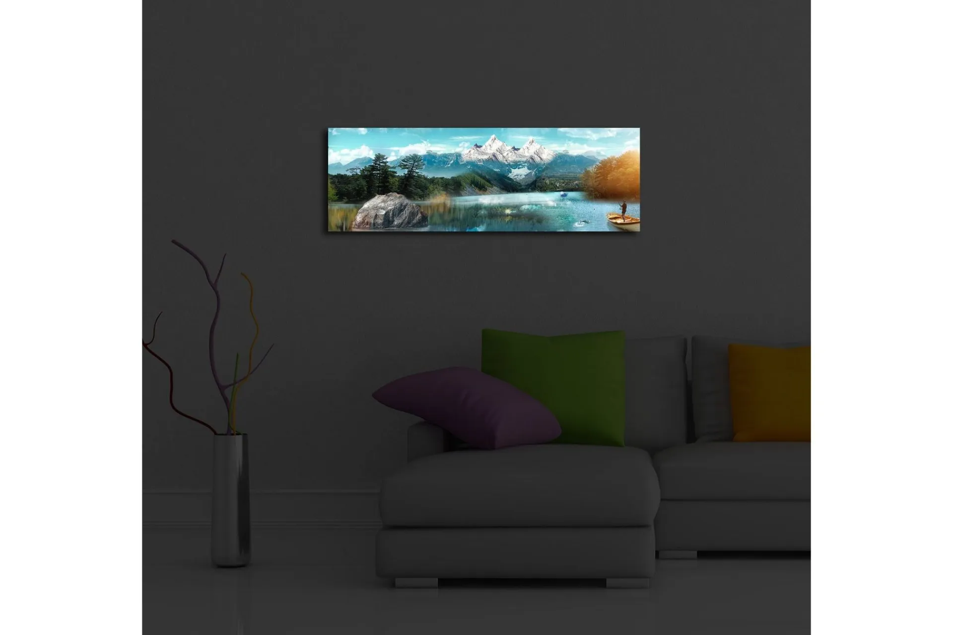 Lerretsbilder|Lerretsbilder-Lerretsbilde med LED-belysning 30x90 cm - Storslått fjellandskap med en fisker i en båt på en speilblank innsjø Flerfärgad