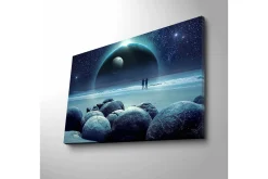 Lerretsbilder|Lerretsbilder-Lerretsbilde med LED-belysning - Stjernehimmel med to silhuetter på en strand og store steiner i forgrunnen