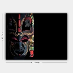 Lerretsbilde 70x100 cm - Fargerik afrikansk maske med detaljerte mønstre og uttrykksfulle trekk