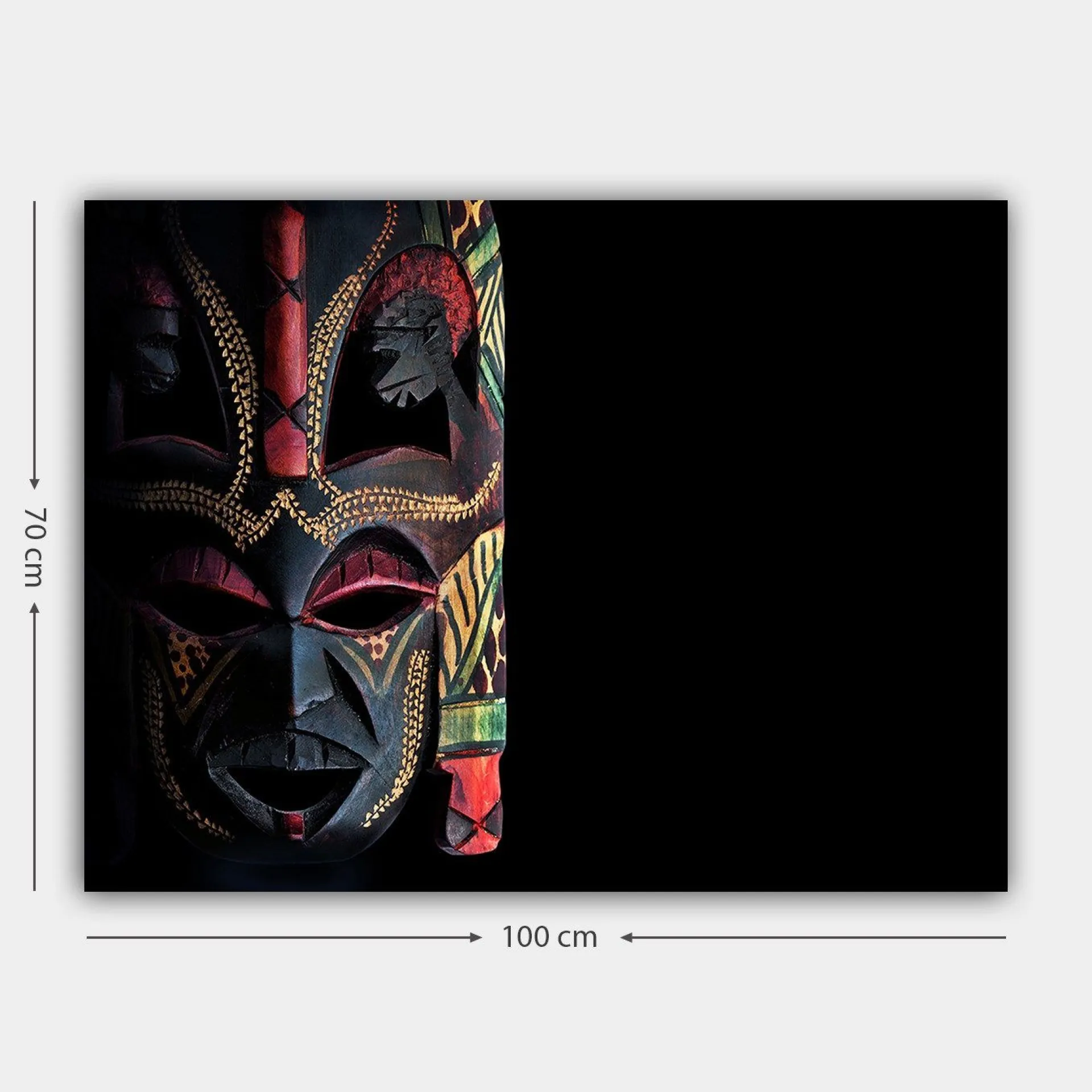 Lerretsbilde 70x100 cm - Fargerik afrikansk maske med detaljerte mønstre og uttrykksfulle trekk