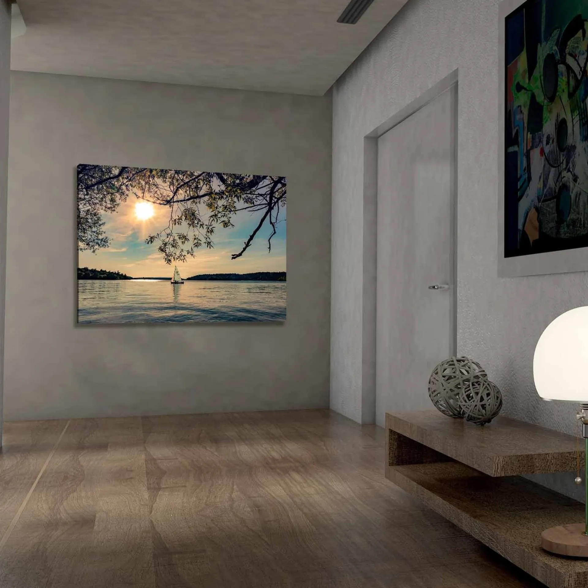 Lerretsbilder|Lerretsbilder-Lerretsbilde 70x100 cm - Seilbåt glir over en speilblank innsjø under en solrik himmel Flerfärgad