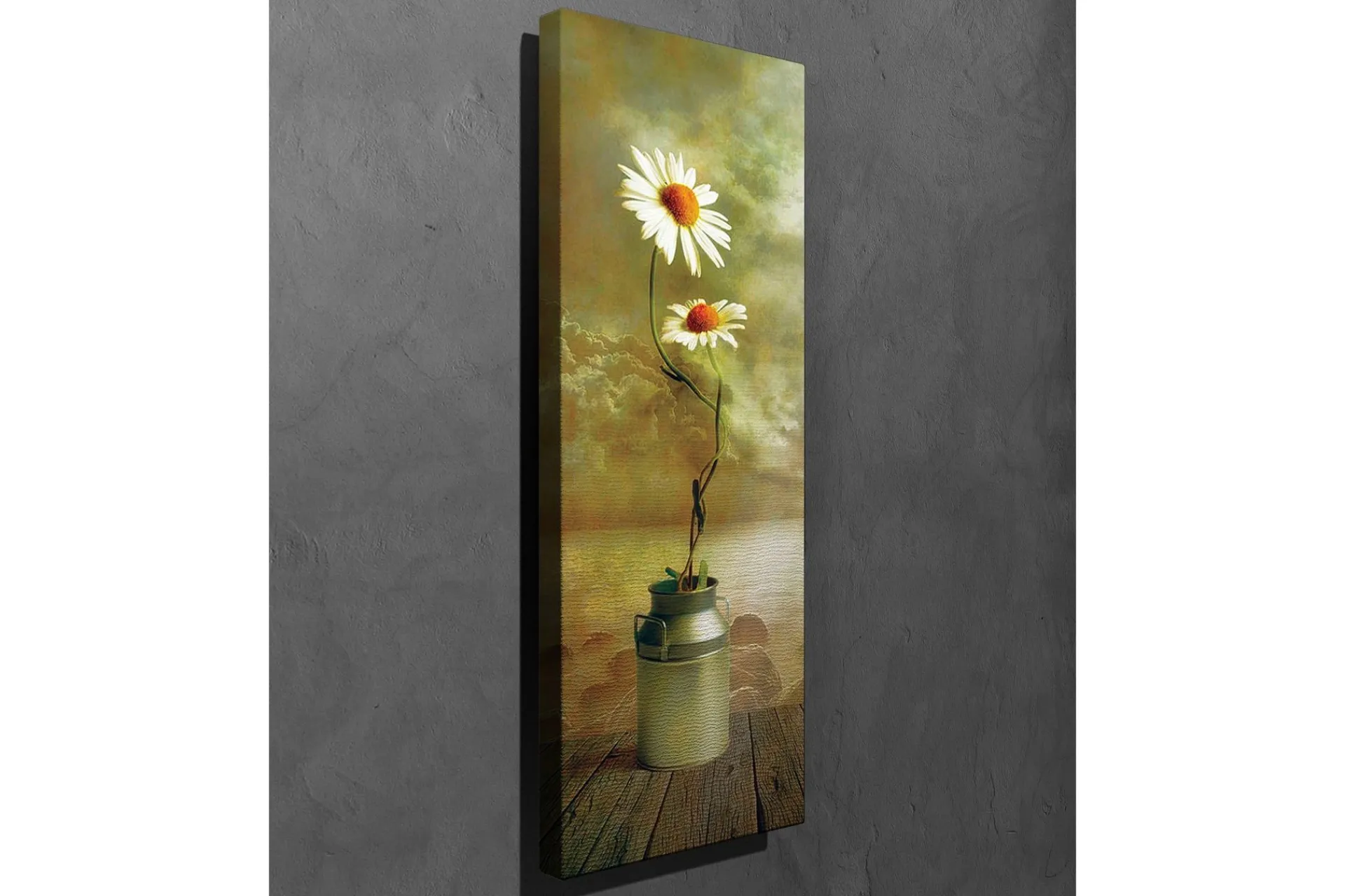 Lerretsbilde 30x80 cm - To tusenfryd i en melkekanne