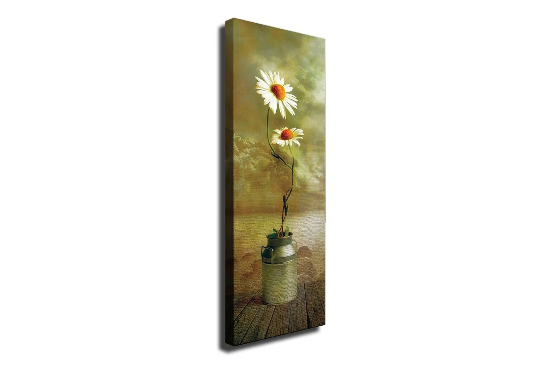 Lerretsbilde 30x80 cm - To tusenfryd i en melkekanne