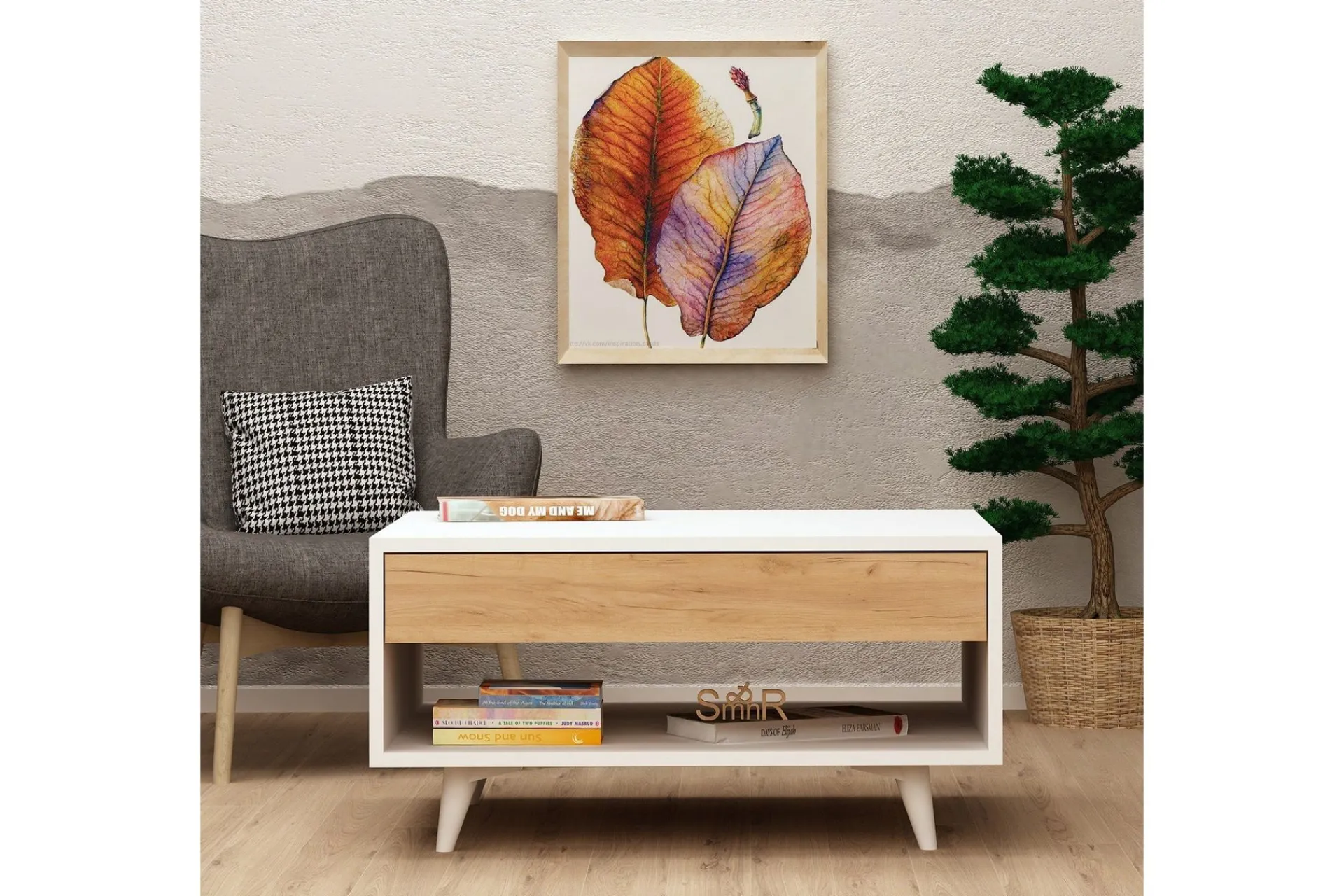 Sofabord-Mod Design Sofabord 80 cm med Oppbevaringsskuff + Hylle Brun,Hvit