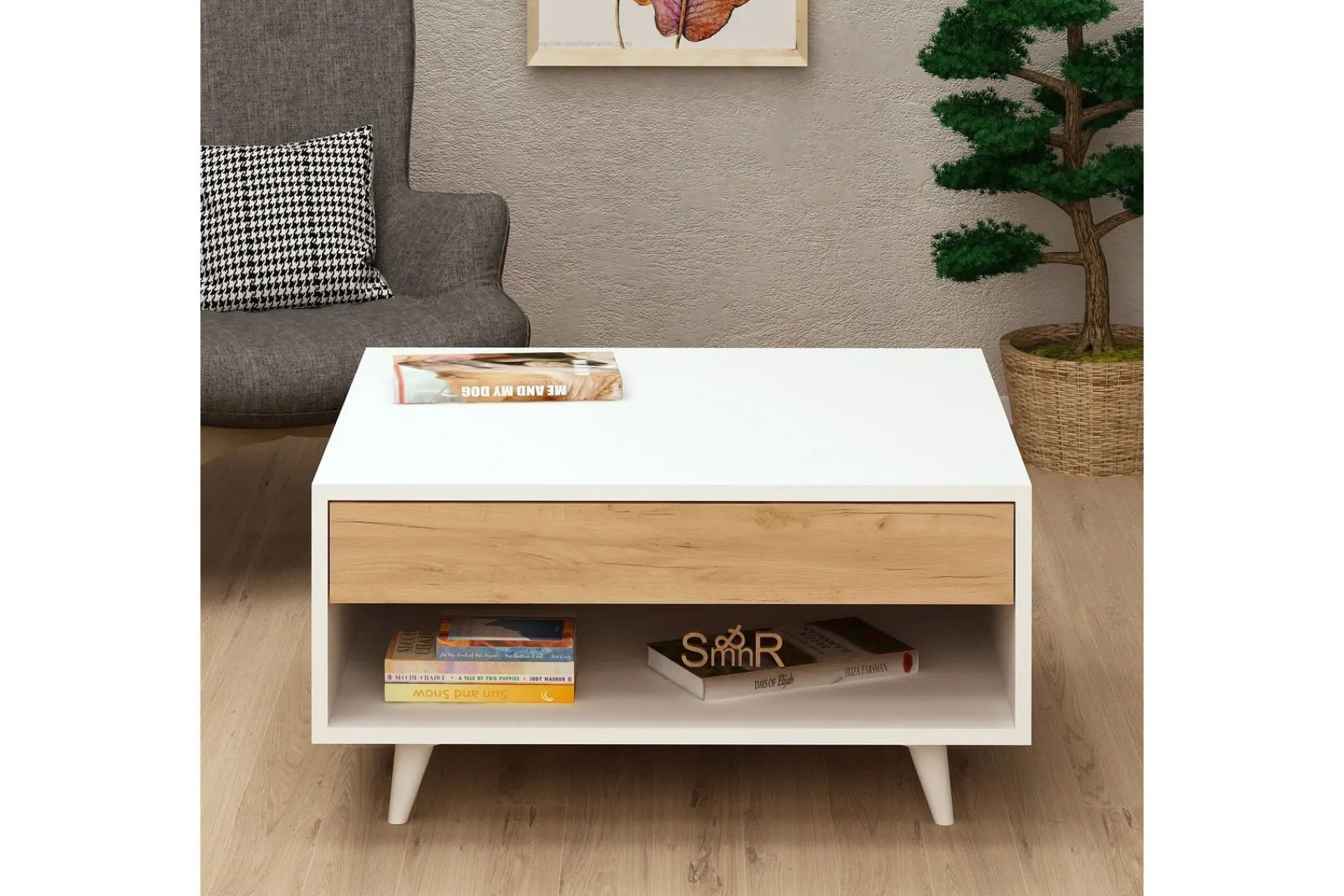 Sofabord-Mod Design Sofabord 80 cm med Oppbevaringsskuff + Hylle Brun,Hvit