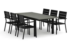 Comfort Garden Monaco utendørs spisegruppe uttrekkbar 150–250x90 med 6 Tunis stablebare stoler