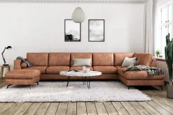 Scandinavian Choice Ocean Lyx 6-seters Høyrevendt U-formet Sofa med Divan og Sjeselong + Fotskammel i Kunstlær