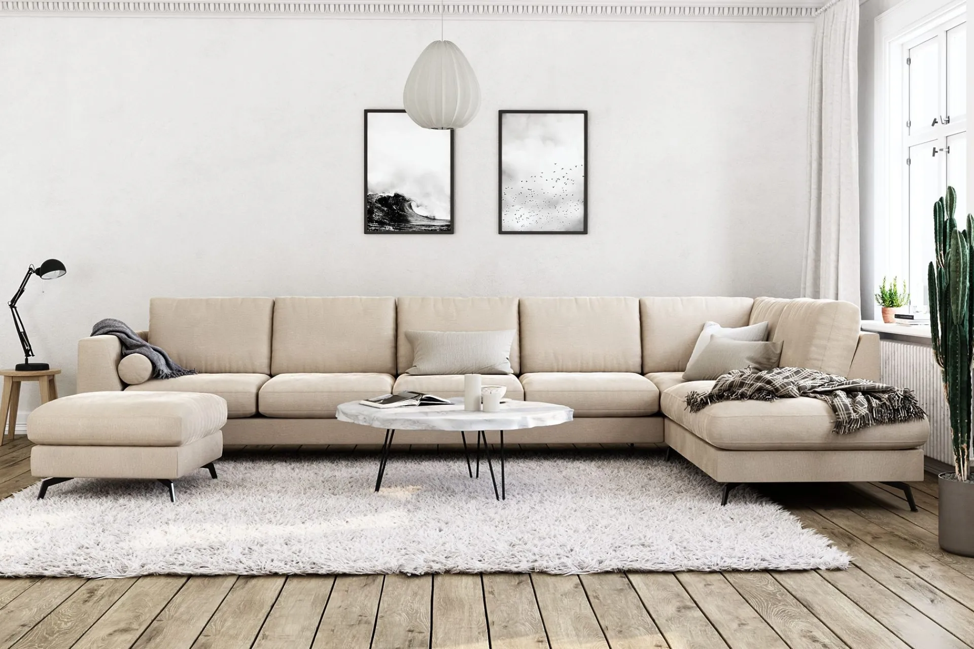 Scandinavian Choice Velour Sofa & Fløyel Sofa-Ocean Lyx 6-seters Høyrevendt U-formet Sofa med Divan og Sjeselong + Fotskammel i Fløyel Beige