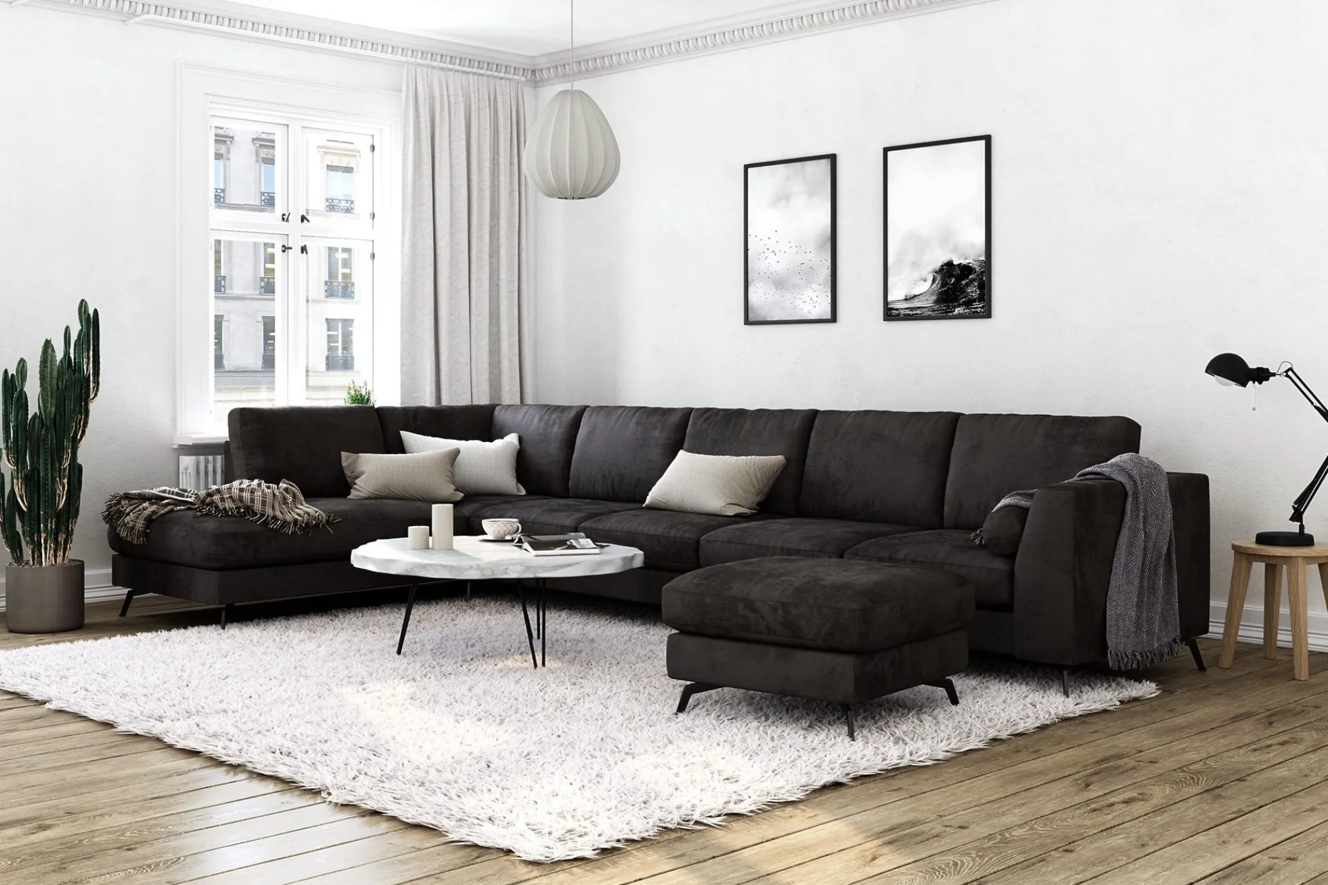 Scandinavian Choice Velour Sofa & Fløyel Sofa-Ocean Lyx 6-seters Venstrevendt U-formet Sofa med Divan og Sjeselong + Fotskammel i Fløyel Mörkbrun