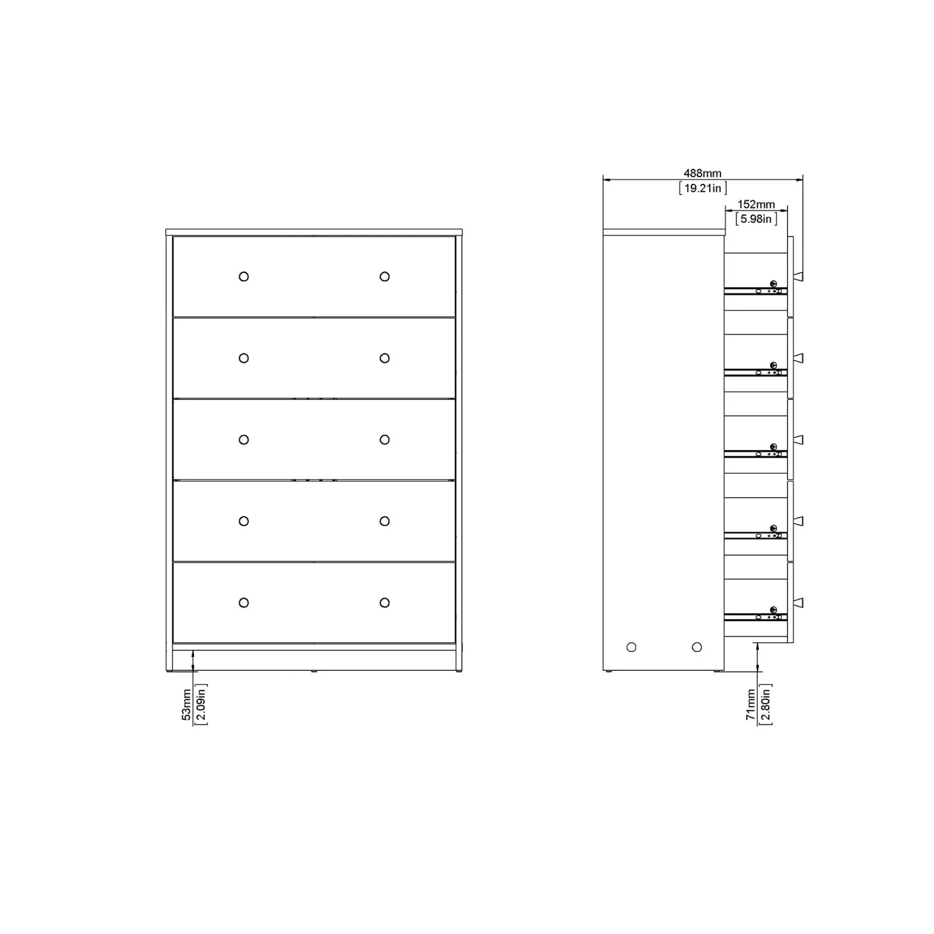 Tvilum Kommode|Gangoppbevaring-Renor Kommode med 5 skuffer 72x30x108 cm Hvit