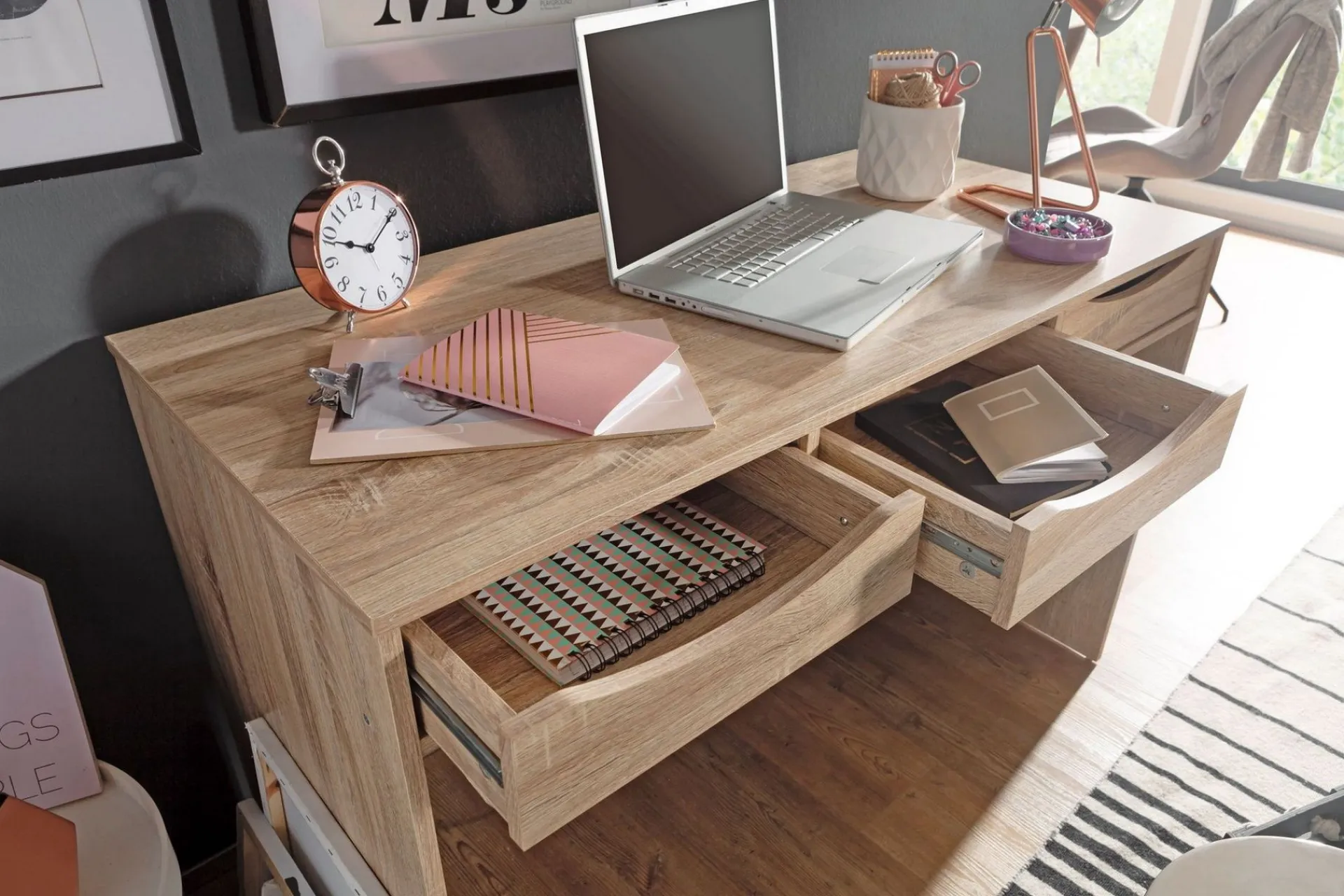 Wohnling Kontorbord-Ryea Skrivebord 120 cm med Oppbevaring 3 Skuffer Tre/Natur
