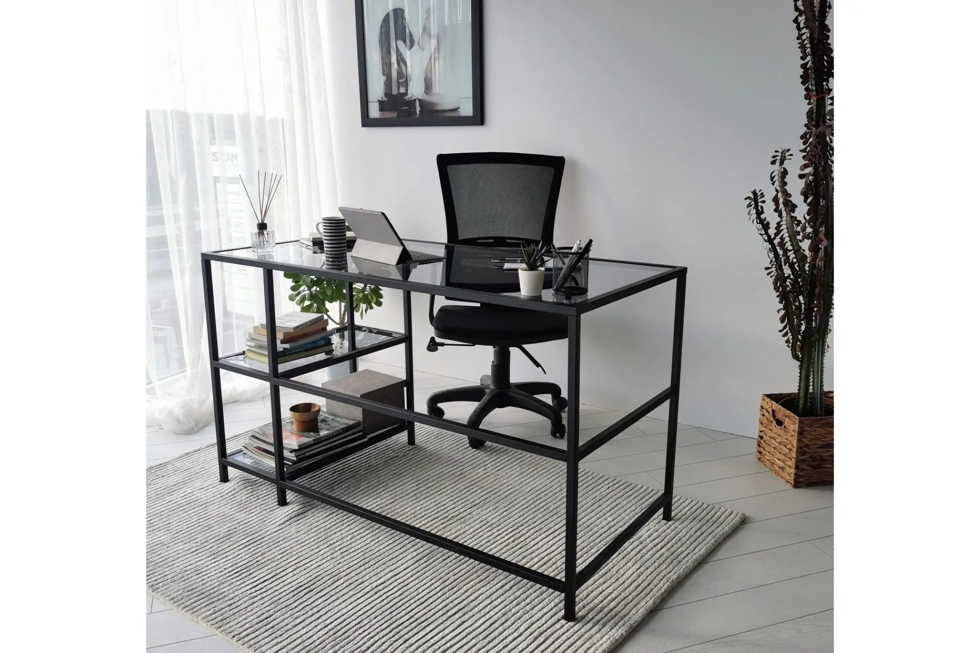 Kontorbord-Sabani Skrivebord 130 cm med Oppbevaring 2 Hyller Svart,Røykfarget