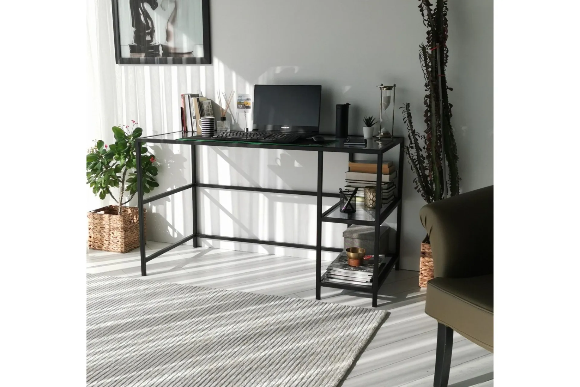 Kontorbord-Sabani Skrivebord 130 cm med Oppbevaring 2 Hyller Svart,Røykfarget