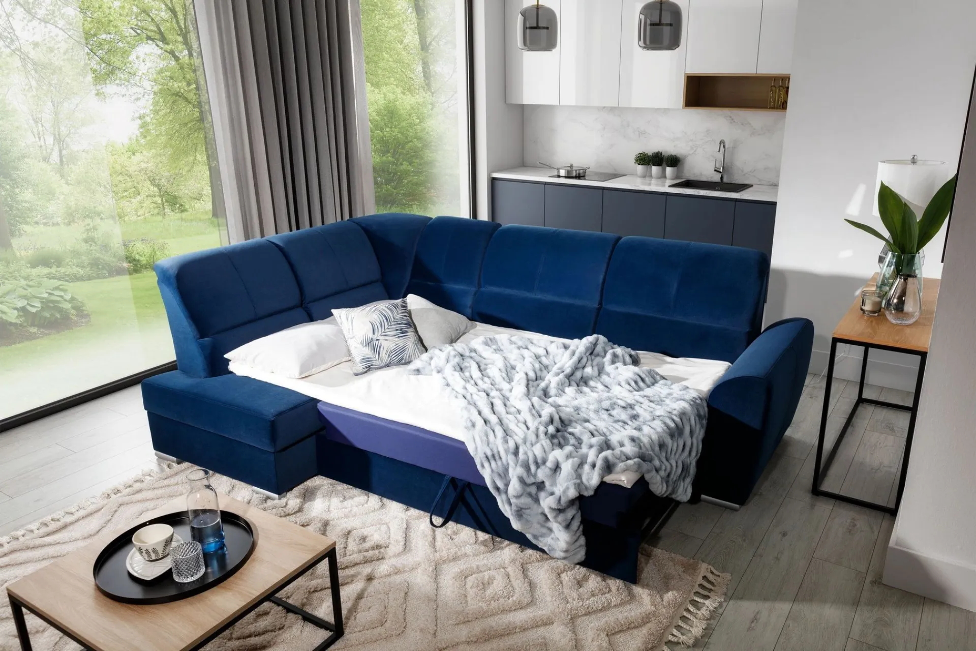 Velour Sofa & Fløyel Sofa-Sajmon Sovesofa m. Sjeselong 3-seter Grønn