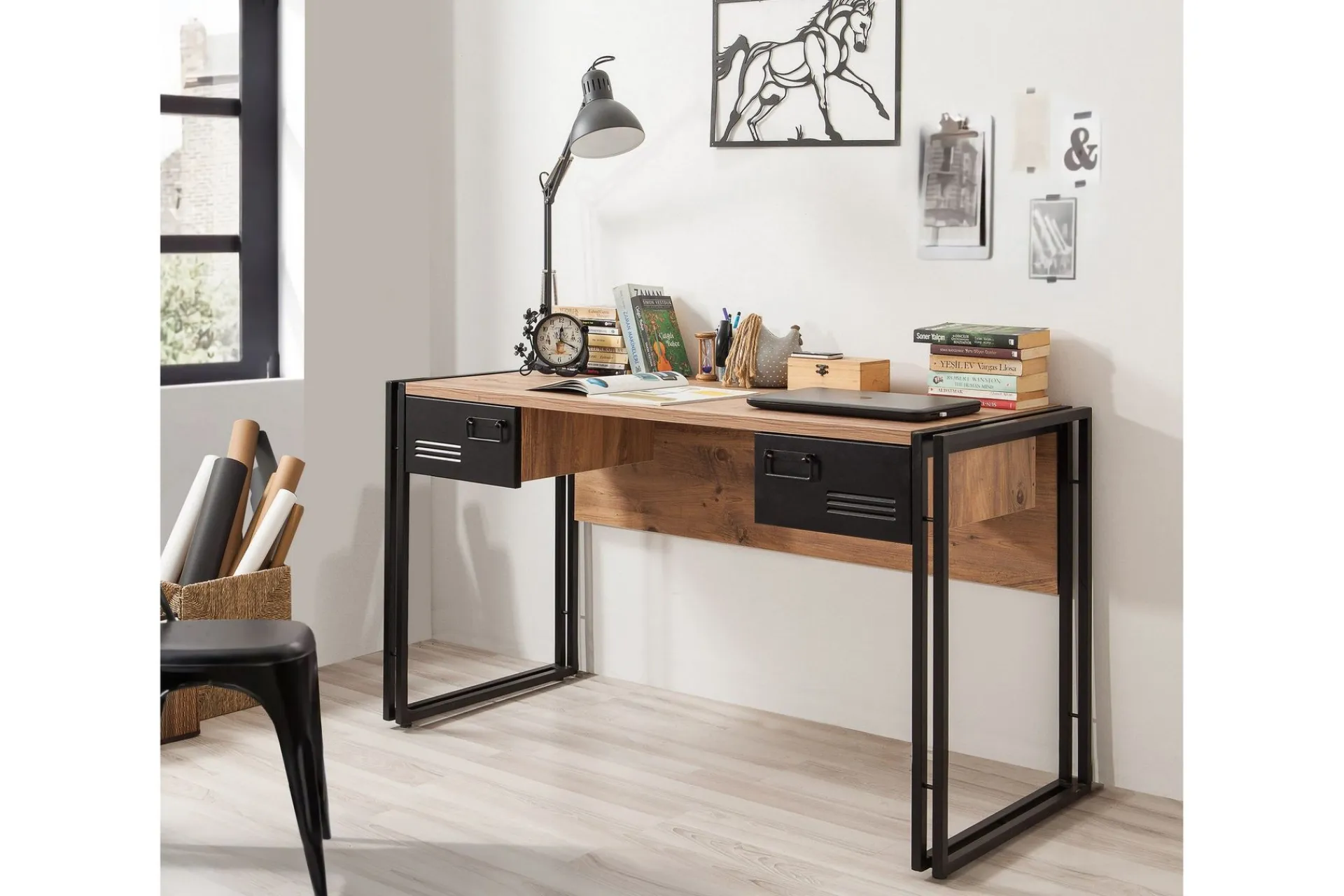 Kontorbord-Sapphira Skrivebord 139 cm med Oppbevaring 2 Skuffer Brun,Svart