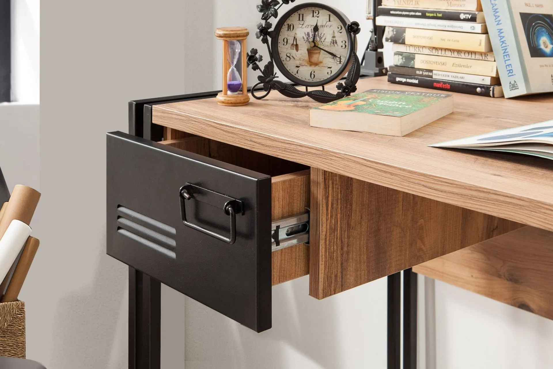 Kontorbord-Sapphira Skrivebord 139 cm med Oppbevaring 2 Skuffer Brun,Svart