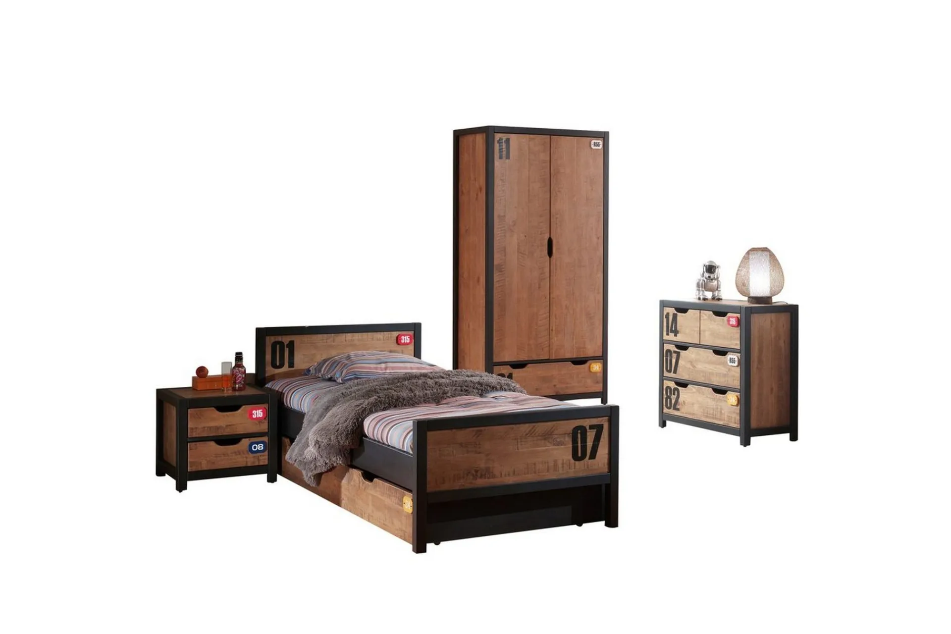Møbelsett Til Soverom-Seng med nattbord skuff garderobe kommode Alex Natural
