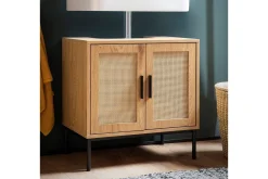 Wohnling Baderom|Baderomsskap-Servantensokkel melaminbelagt MDF, eik utseende, rottingfront, metallben, moderne loftstil 2 dører Brun,Svart