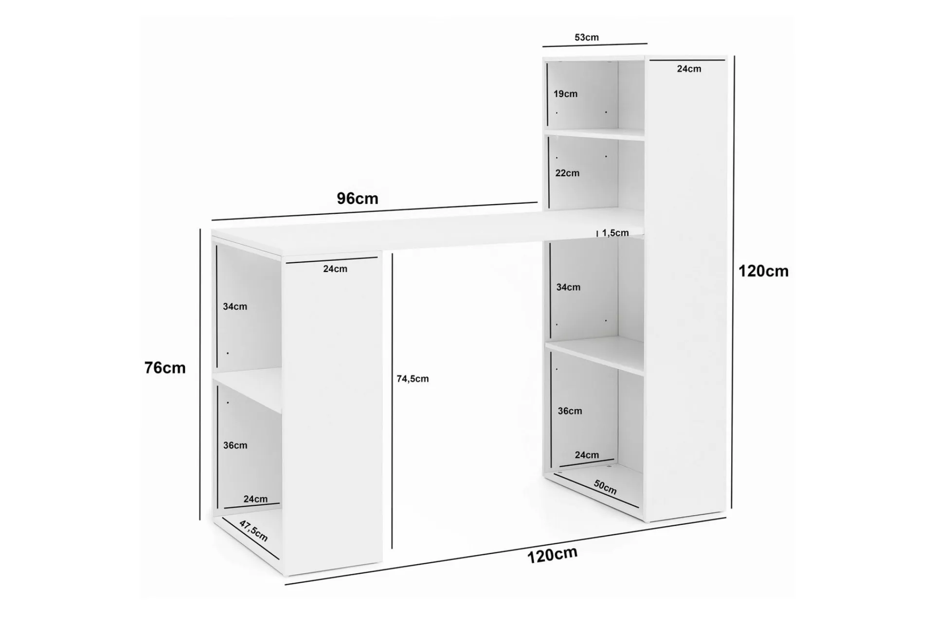 Wohnling Kontorbord-Shuping Skrivebord 120 cm med Oppbevaringshyller Hvit