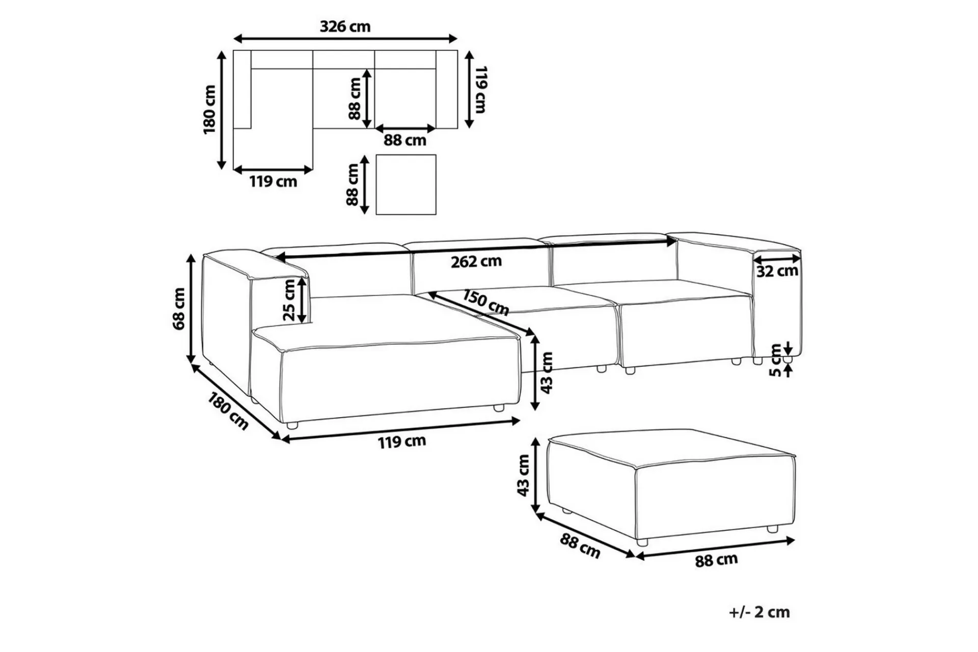 Sofa Med Sjeselong-3-sits Hörnsoffa med fotpall Beliani Aprica Högervänd Left-faced Beige
