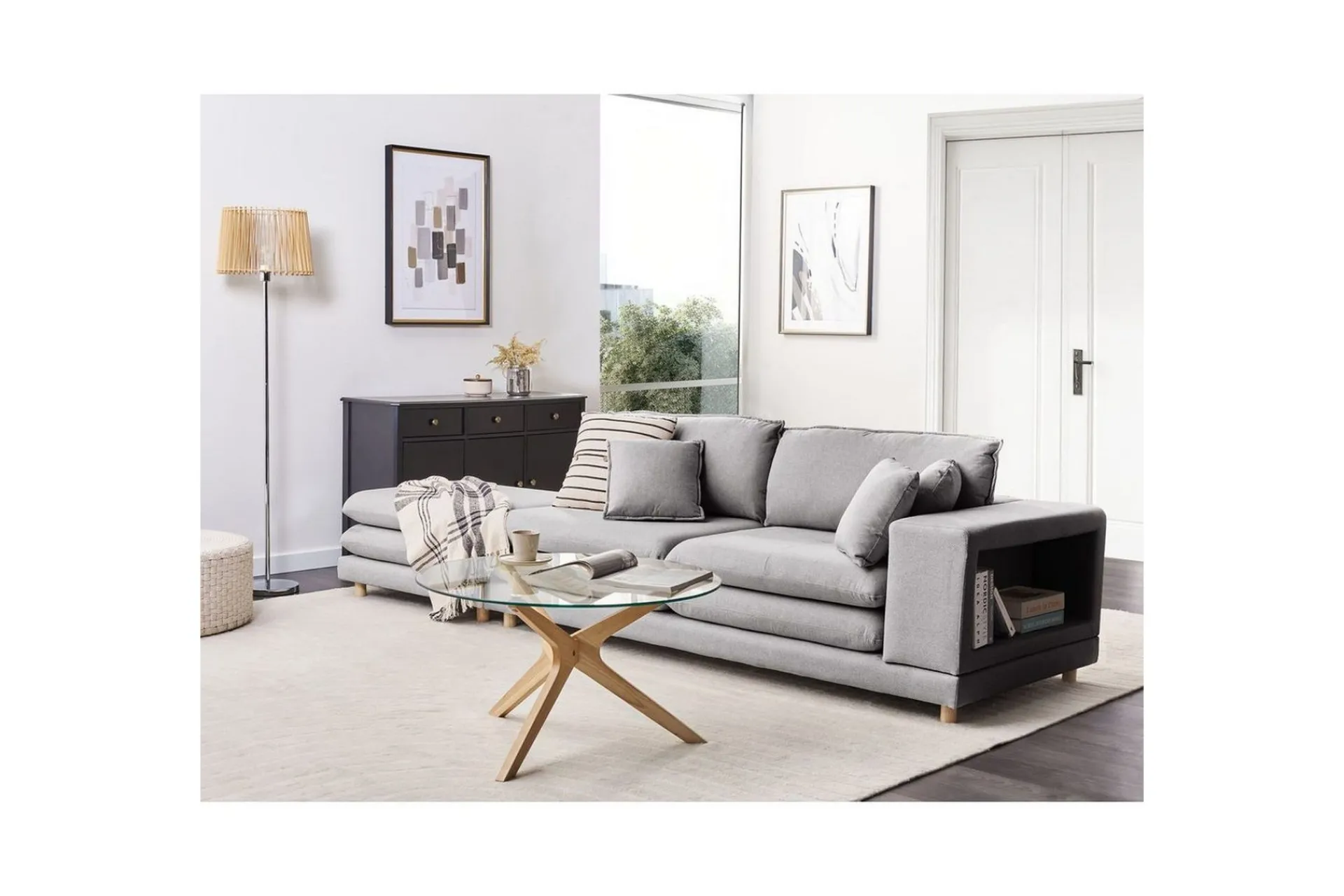 2-sitssoffa med fotpall Beliani Heden Beige/ljust trä Grey||Light colored wood