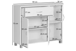 Wohnling Gangbord|Avlastningsbord-Skjenk foliert sponplate 90x75 cm, 3 dører 1 skuff, moderne stil Hvit