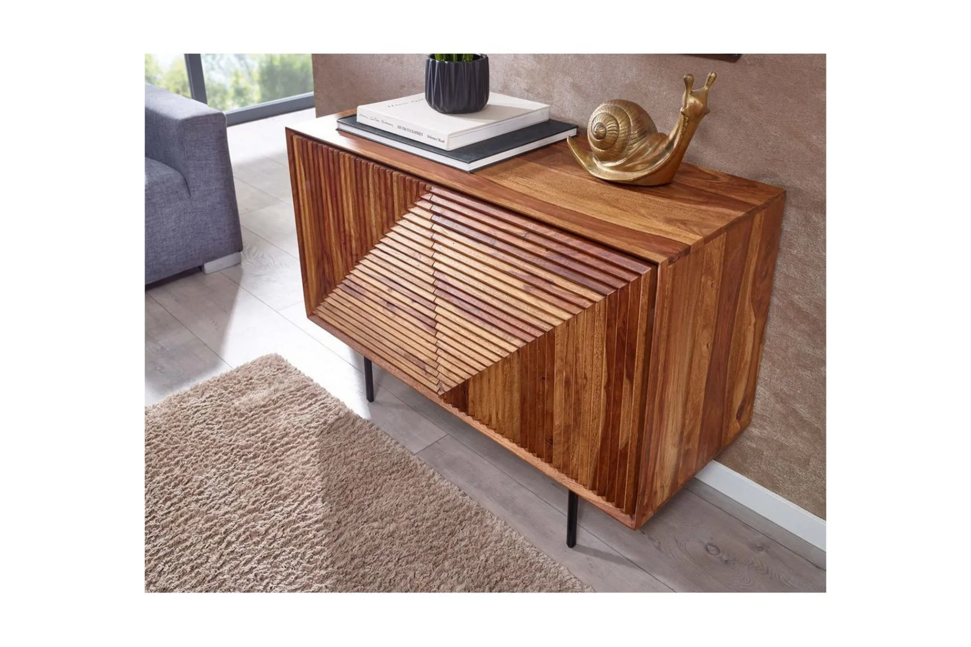Wohnling Skjenk massivt tre, 3D geometrisk front, push-to-open, industriell loftstil 100 cm