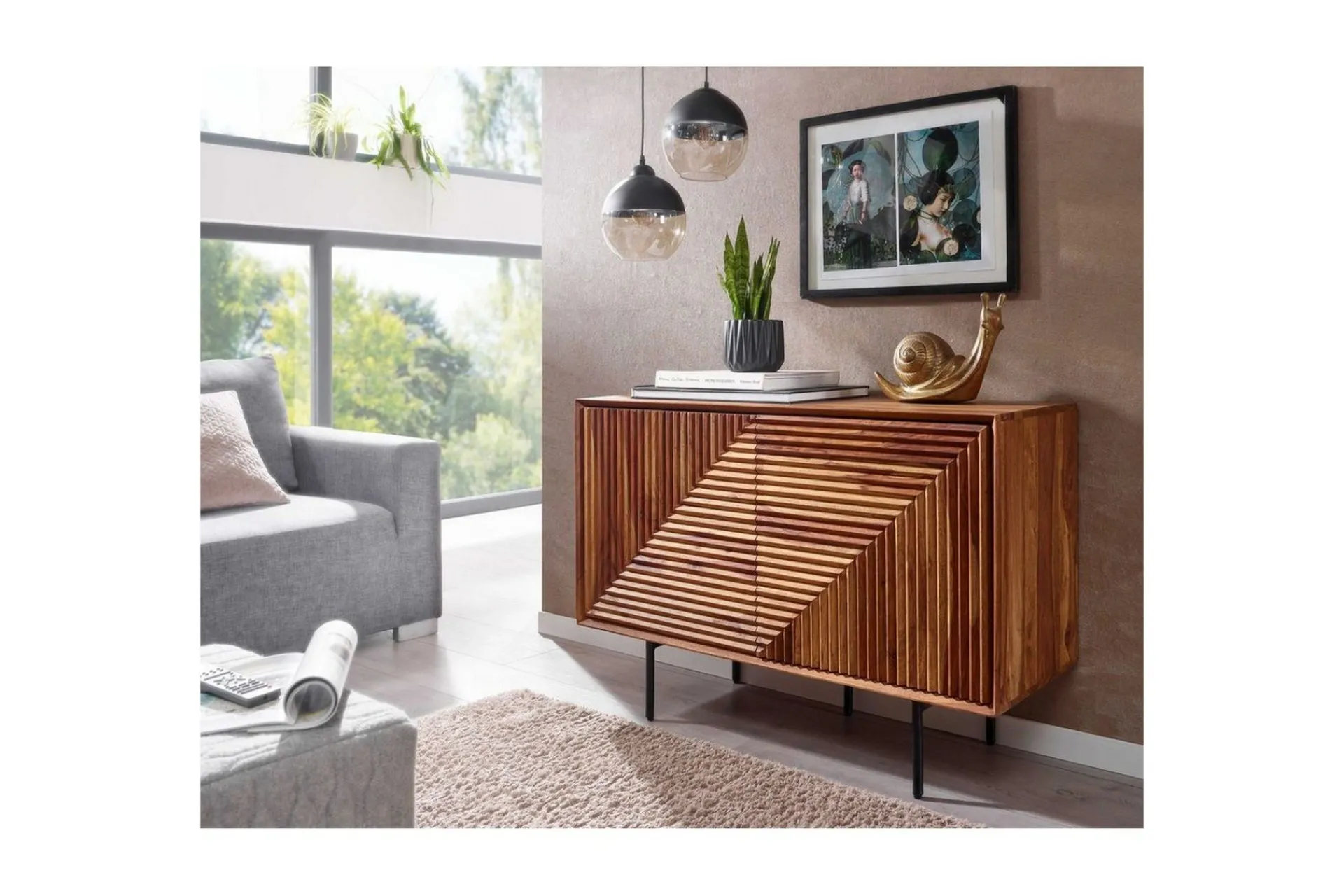 Wohnling Skjenk massivt tre, 3D geometrisk front, push-to-open, industriell loftstil 100 cm