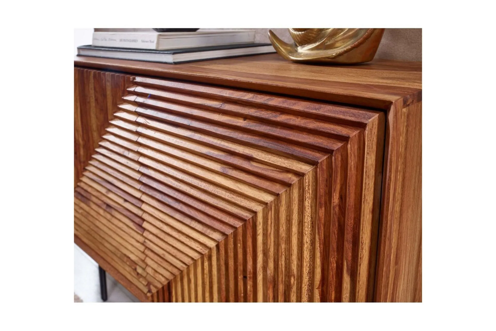 Wohnling Skjenk massivt tre, 3D geometrisk front, push-to-open, industriell loftstil 100 cm
