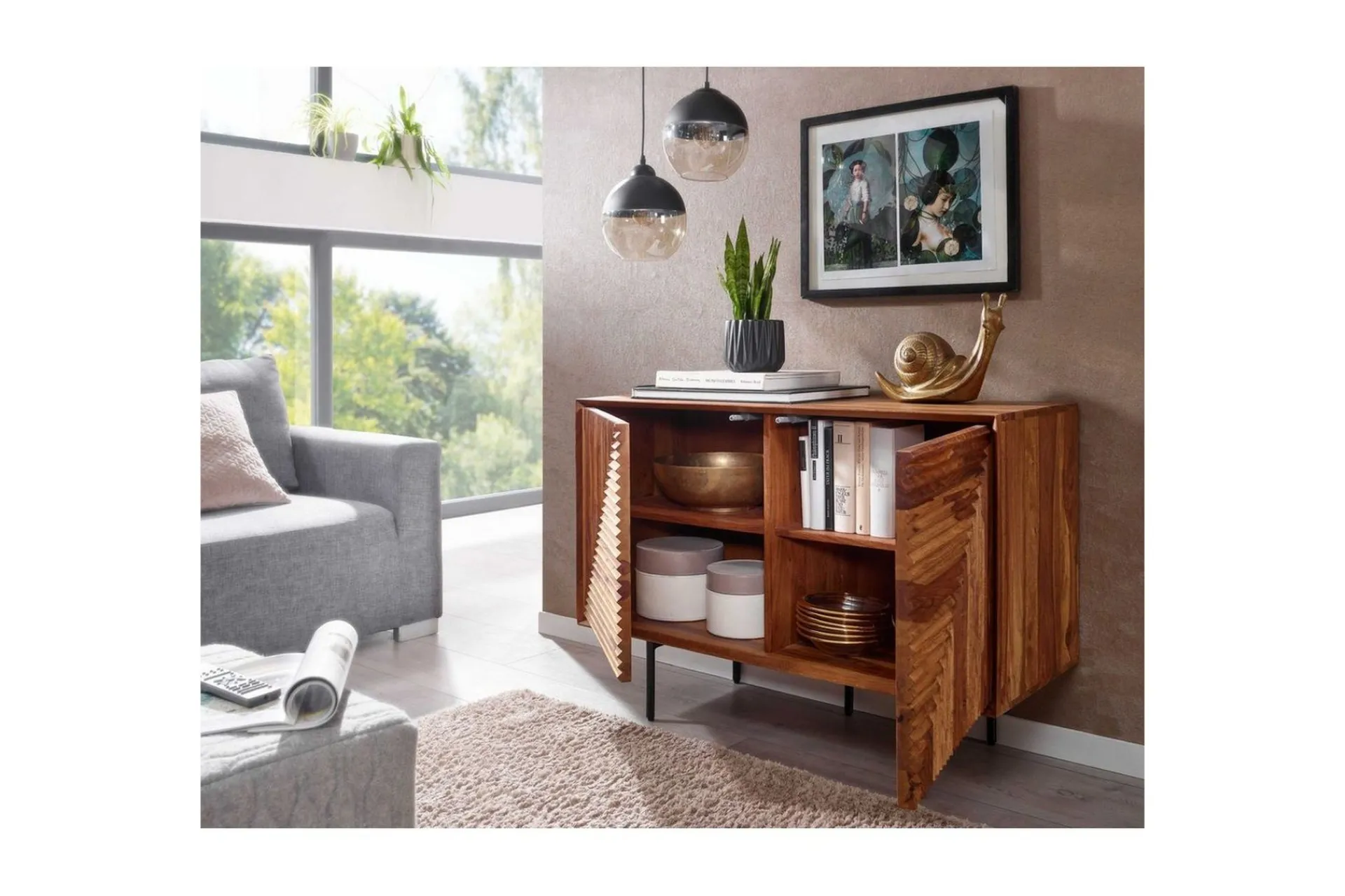 Wohnling Skjenk massivt tre, 3D geometrisk front, push-to-open, industriell loftstil 100 cm