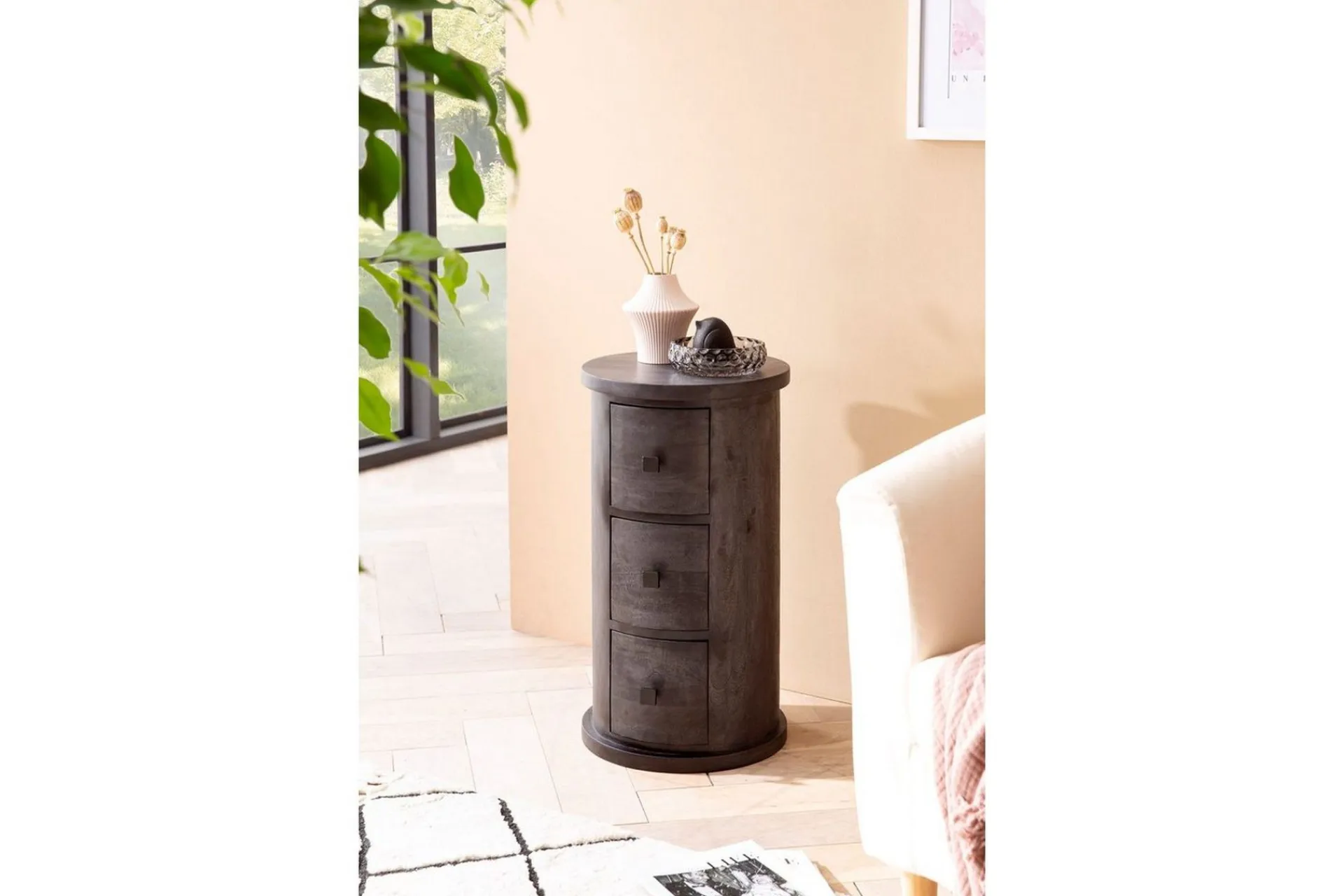 Wohnling Sideboard & Skjenker-Skjenk Rundt heltre landstil , 3 skuffer Svart