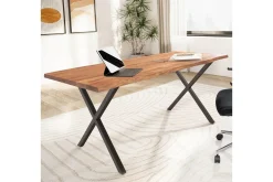 Wohnling Kontorbord-Skrivebord Massivt treverk trekanter metallbein landlig stil Svart, krysset, 180x90 cm Lyse brun,Svart