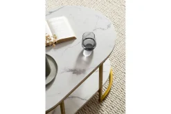 Wohnling Sofabord-Sofabord marmorutseende oval 100 cm med oppbevaringshylle, Bauhaus-stil Marmor Hvit Gull,Hvit