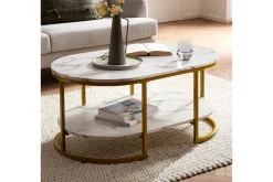 Wohnling Sofabord-Sofabord marmorutseende oval 100 cm med oppbevaringshylle, Bauhaus-stil Marmor Hvit Gull,Hvit