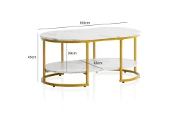 Wohnling Sofabord-Sofabord marmorutseende oval 100 cm med oppbevaringshylle, Bauhaus-stil Marmor Hvit Gull,Hvit
