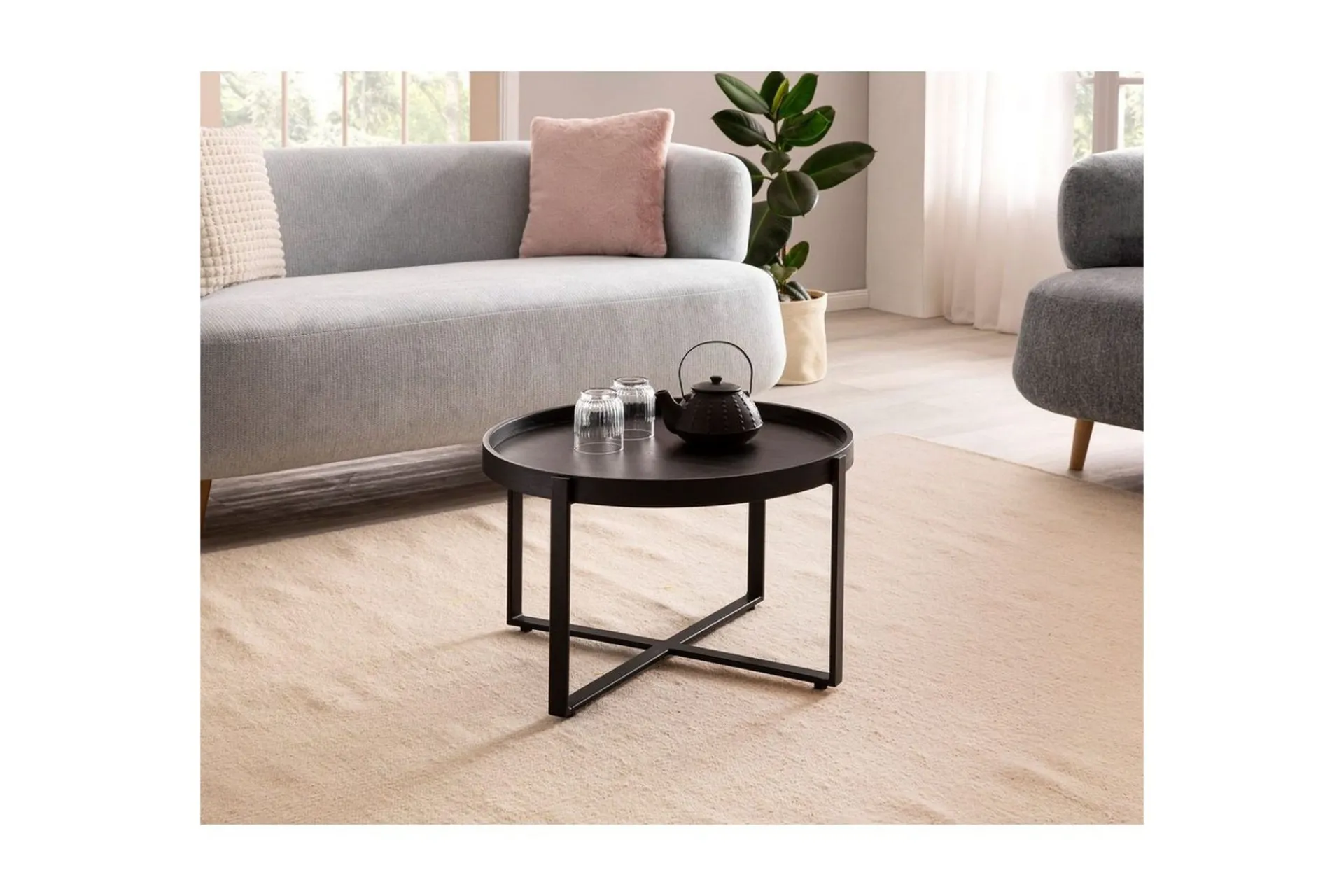 Wohnling Sofabord Massivt treverk rund 60 cm med klassisk utseende metallramme moderne