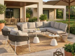 Veranda & Terrasse|Loungesett-Sofagruppe utendørs 7-seter Robella med bord Beige/Hvit/Brun