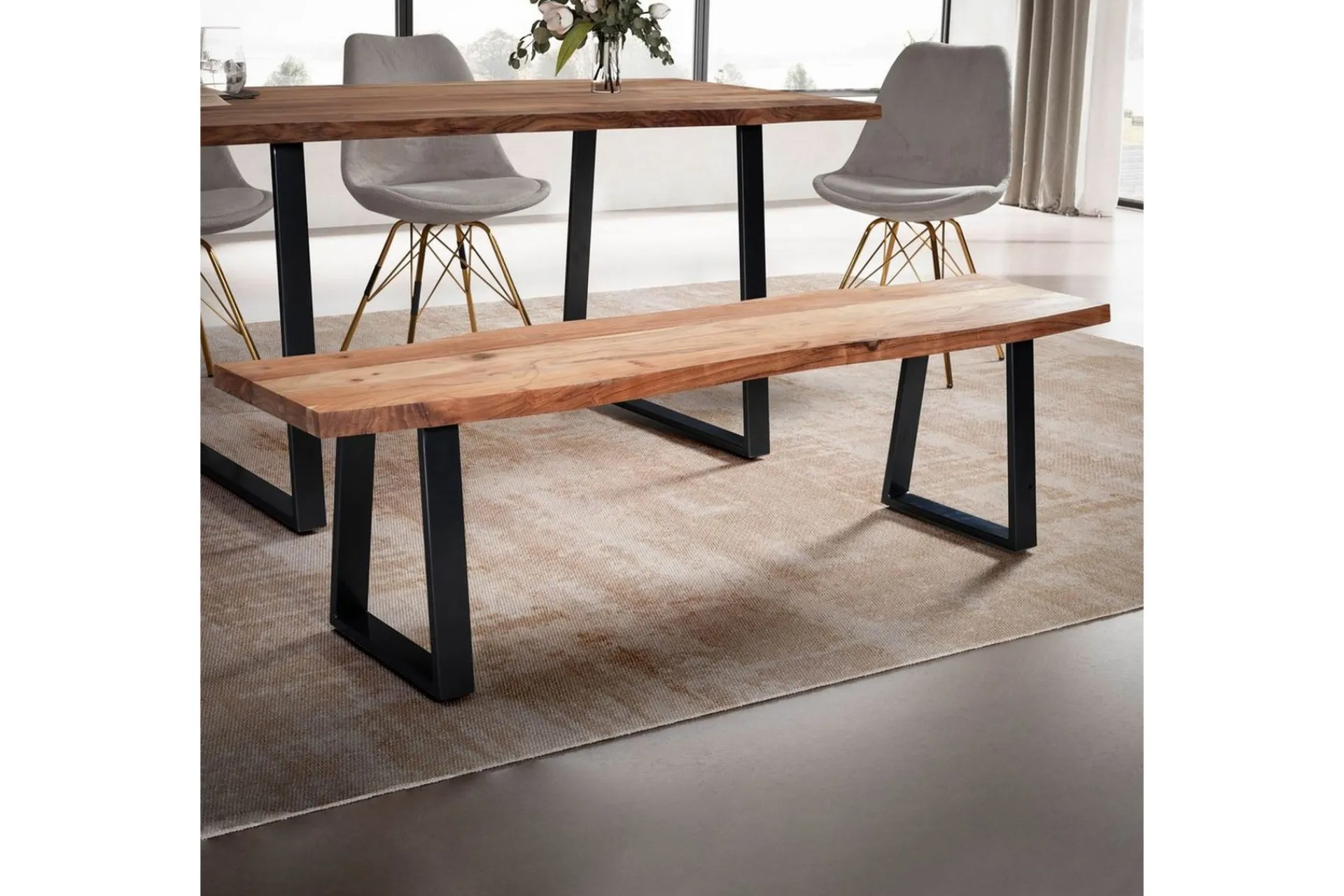 Wohnling Entrebenk|Benk-Spisestuebenk Massivt tre med metallben trekant landlig stil Svart, Rett, 160 cm Lyse brun,Svart