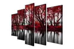 Lerretsbilder|Lerretsbilder-Stort lerretsbilde i 5 deler 105x70 cm - Rødskiftende trær ved en speilblank innsjø Flerfärgad