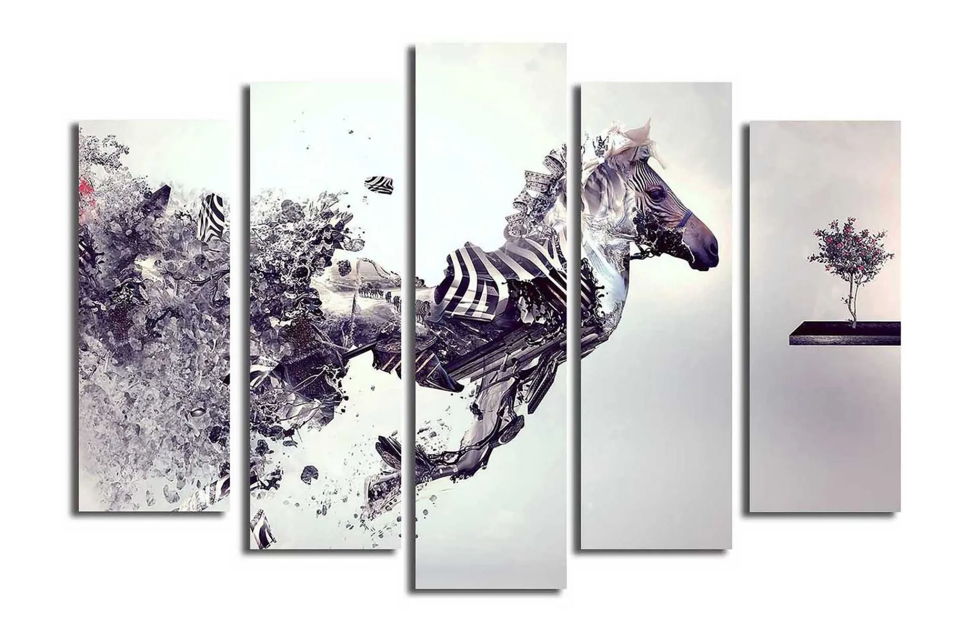 Stort lerretsbilde i 5 deler 105x70 cm - Dynamisk hest i bevegelse med fragmentert struktur