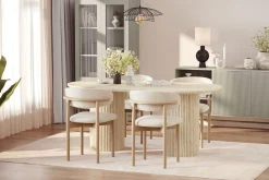 Andrarum Sminkebord & Toalettbord|Spisegrupper-Uppveda Spisebord med travertin-look med 4 stk Jaiveer Spisestoler Beige