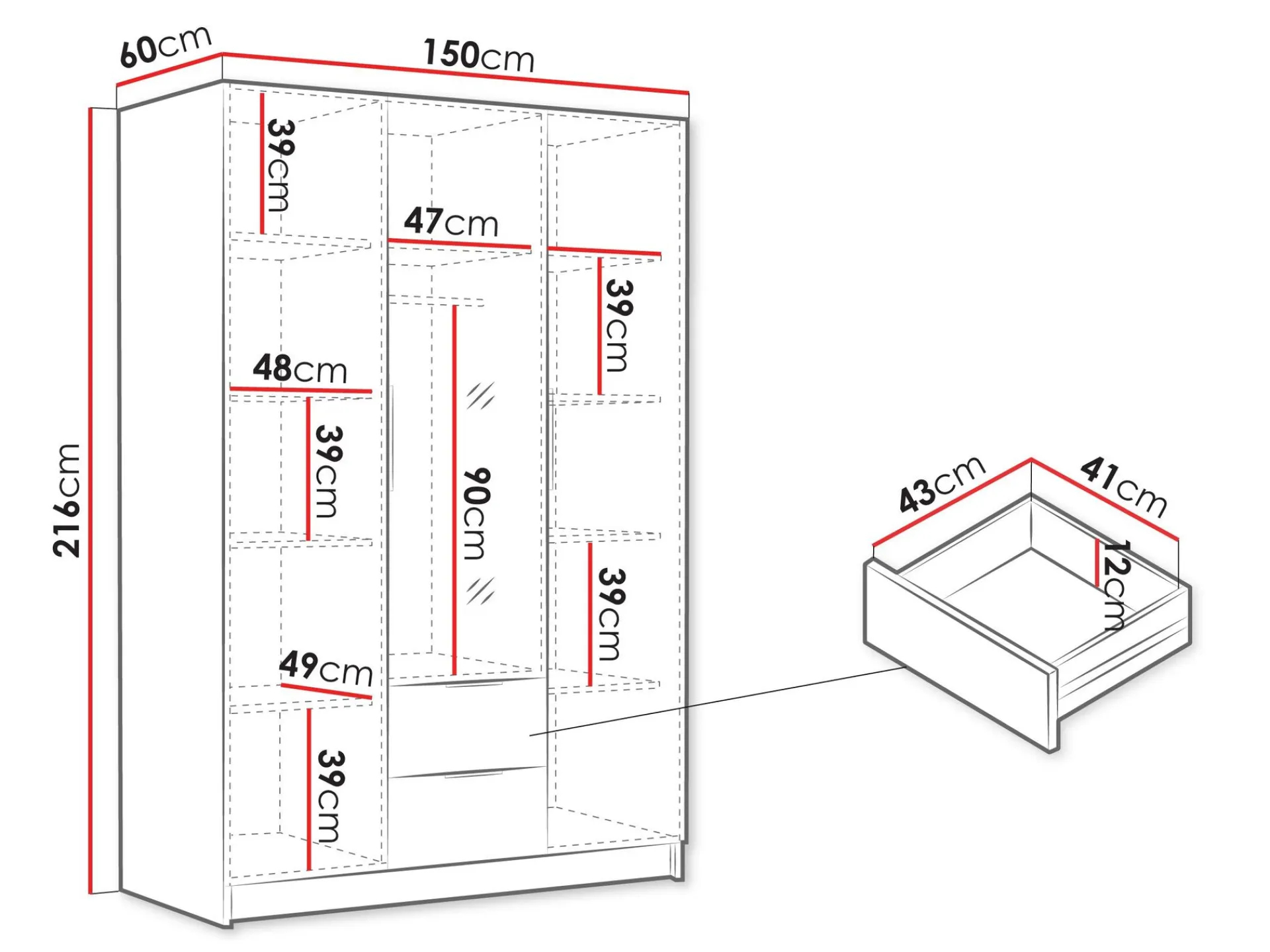 Garderober & Garderobesystem-Varros Garderobeskapeskap med speil 150x216 cm Hvit