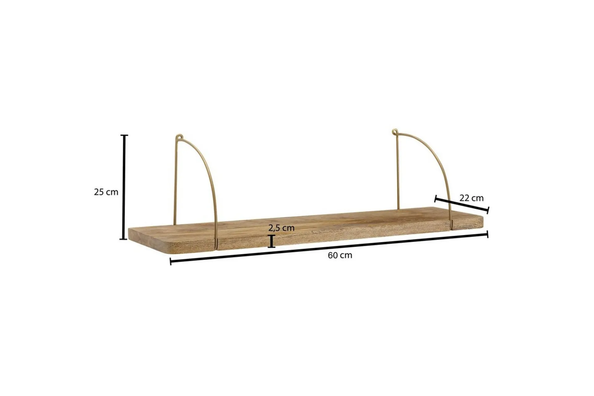 Wohnling Vegghylle-Vegghylle massivt tre, metall hylle for oppheng, industriell loftstil 60 cm Brun,Gull