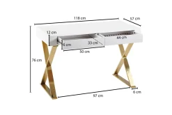 Wohnling Kontorbord-Willowdale Skrivebord 118 cm med Oppbevaring 2 Skuffer Hvit,Gull